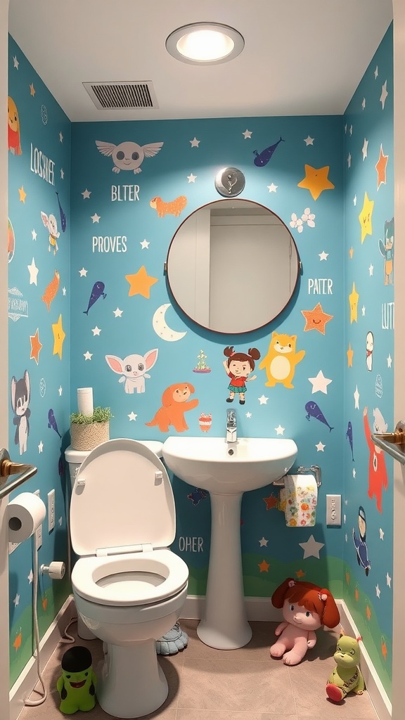 A kid's bathroom with colorful interactive wall decals and a round mirror.