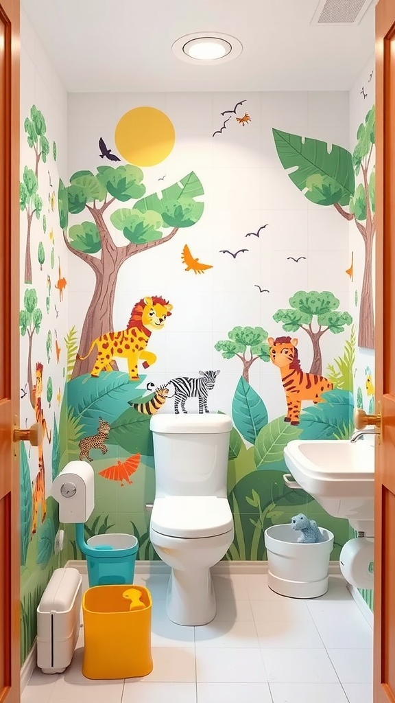A children's bathroom with interactive wall stickers featuring jungle animals and vibrant greenery.