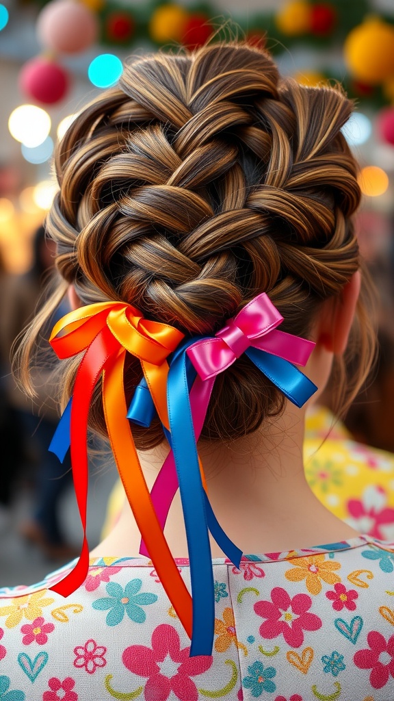 Interwoven ribbon updo hairstyle featuring colorful ribbons
