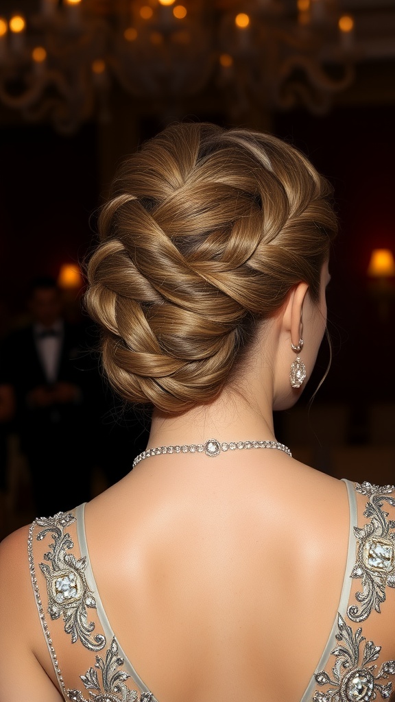 A woman with a beautifully braided updo hairstyle, wearing elegant earrings and a detailed dress.
