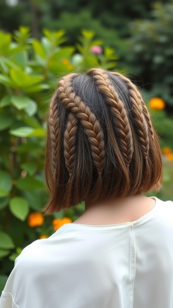 A bob hairstyle featuring intricate braids, set against a lush garden background.