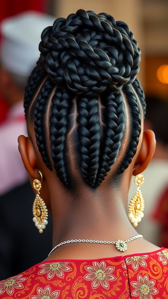 A close-up view of an elegant cornrow updo hairstyle featuring a bun and intricate braiding.