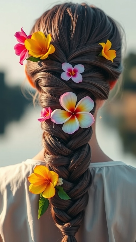 A close-up of a fishtail braid decorated with colorful flowers.