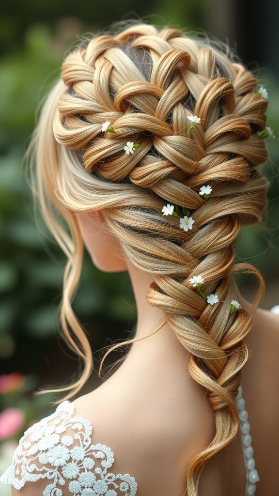 A beautifully styled half braid with delicate flowers, showcasing an intricate design.