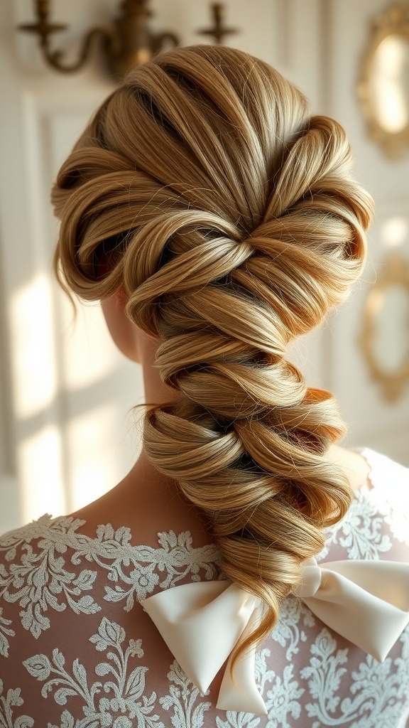 A detailed view of an intricate knot hairstyle adorned with a bow, showcasing vintage charm.