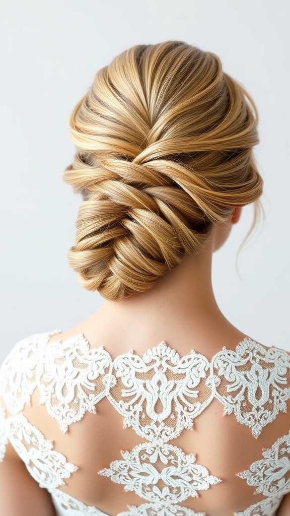 A detailed view of an intricate lace braid updo hairstyle for weddings.