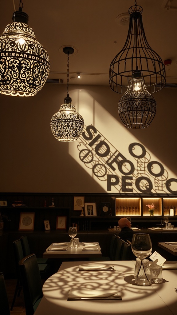 Intricate metalwork light fixtures hanging from the ceiling, casting shadows on the table and walls