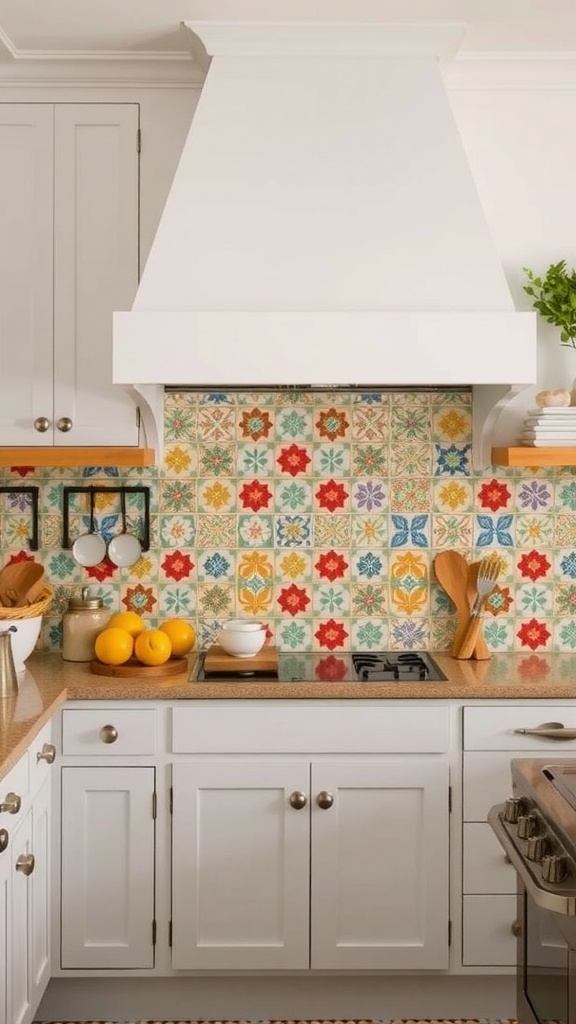 Colorful tiled backsplash in an Italian farmhouse kitchen with white cabinets and wooden accents