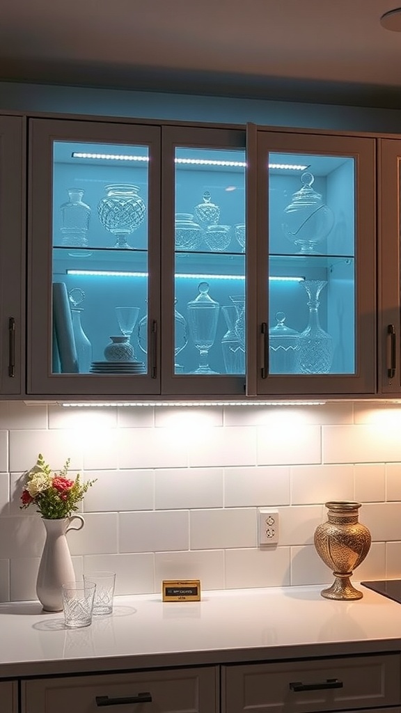 Interior view of illuminated kitchen cabinets showcasing glassware.