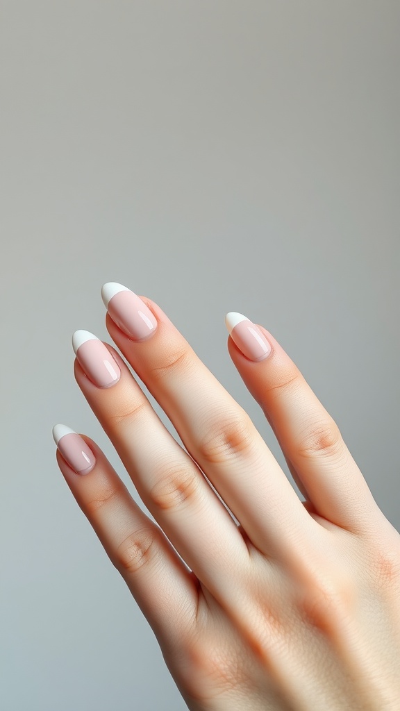 A hand showing almond-shaped nails with a soft pink base and white tips.