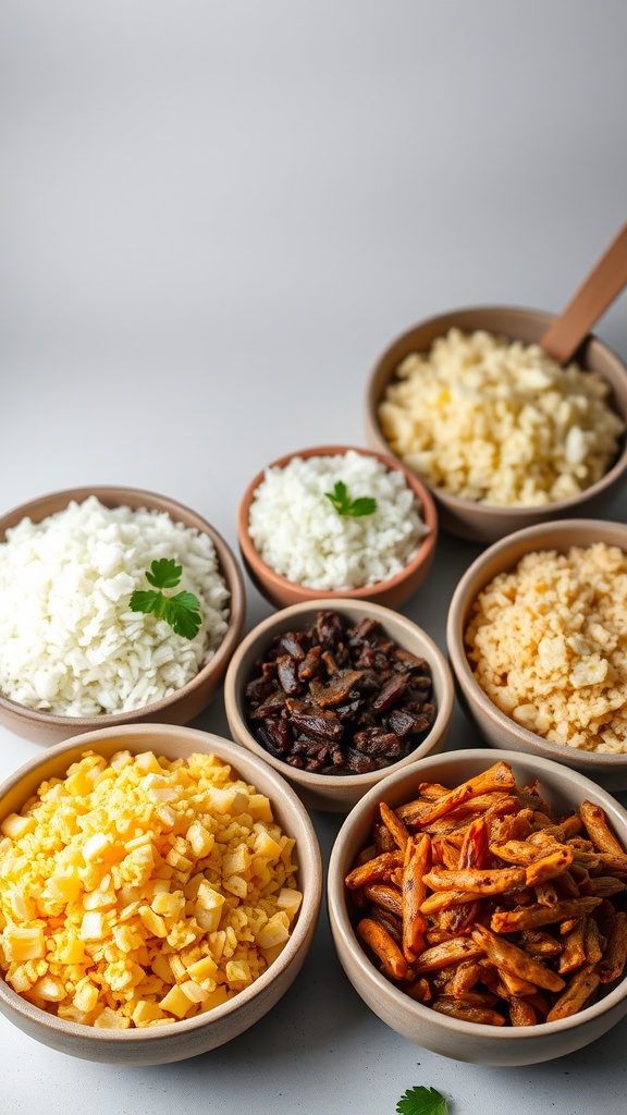 Bowl of coconut rice with various toppings and ingredients.