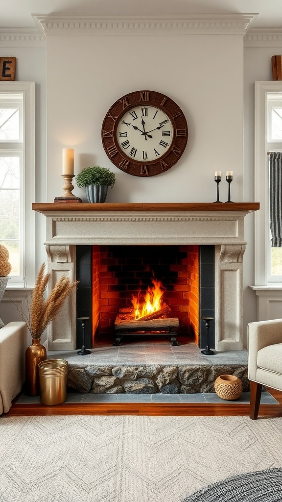 Cozy fireplace with stone surround and wooden mantel in a coastal casual living room.