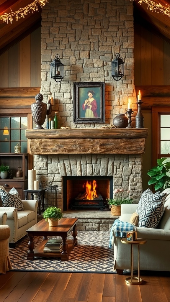 A cozy farmhouse living room featuring a stone fireplace with a wooden mantel, decorated with candles and a portrait, surrounded by comfortable seating.