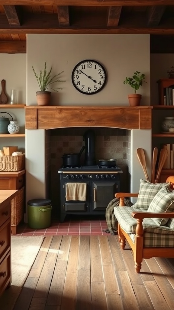 A farmhouse kitchen featuring a black stove, wooden shelves, and a cozy chair.
