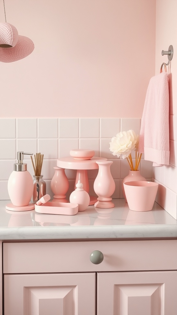 Stylish pink bathroom accessories on a countertop with a pastel pink backdrop