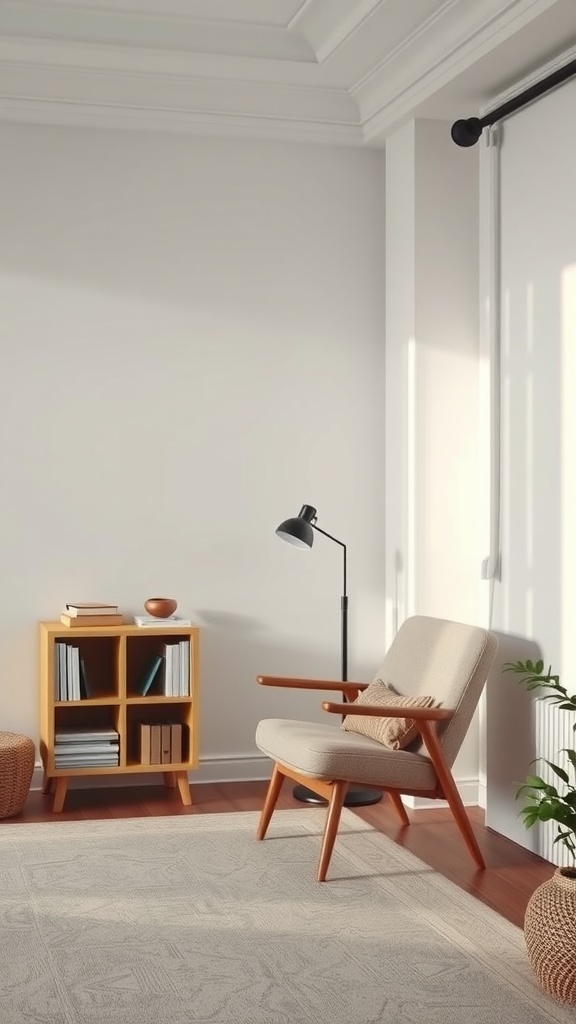 Cozy minimalist reading nook with a chair, lamp, bookshelf, and plant