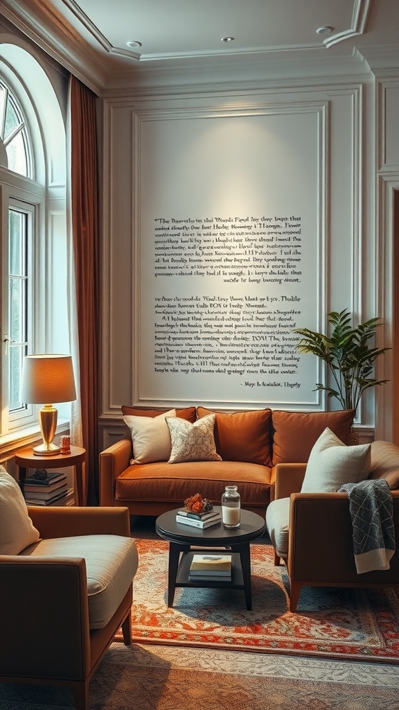 A cozy, luxury living room reading nook with comfortable furniture and warm lighting.