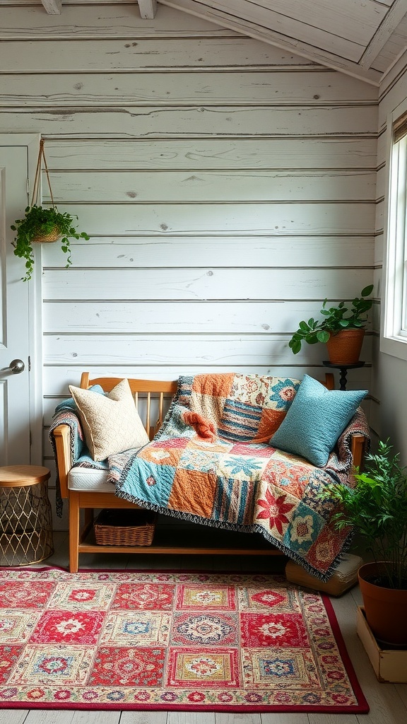 A cozy living room in a western farmhouse featuring a colorful quilt on a wooden bench, soft cushions, and a vibrant rug underfoot.