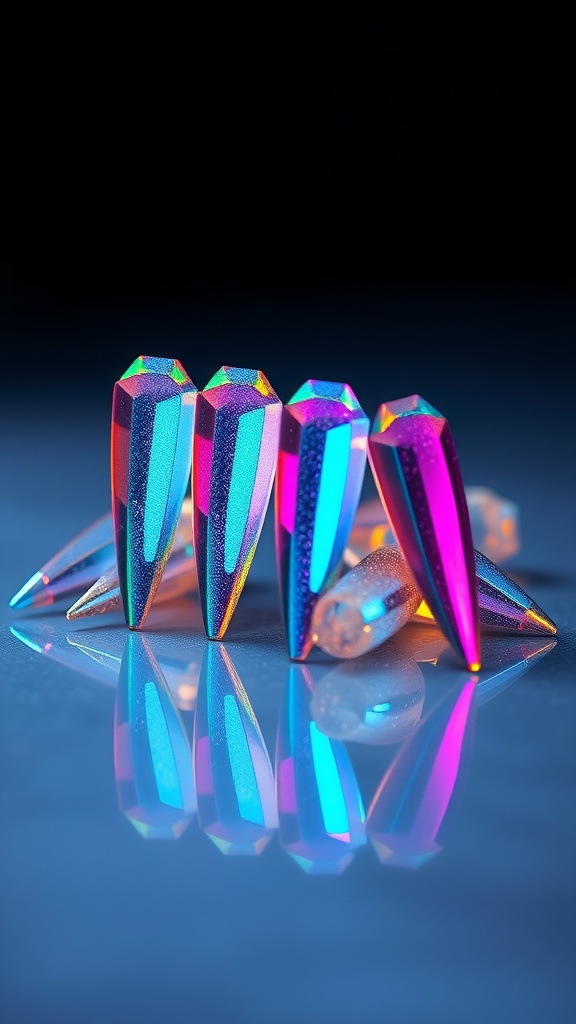 A collection of iridescent coffin nails reflecting various colors, showcasing their glossy and shiny surface.