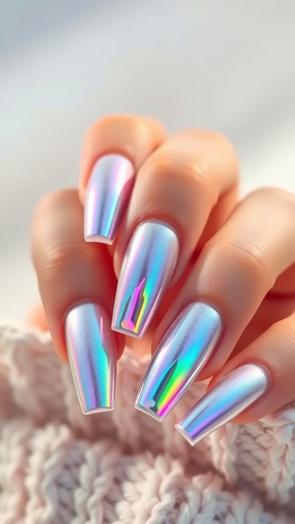 Close-up of medium coffin-shaped nails with iridescent holographic shine.