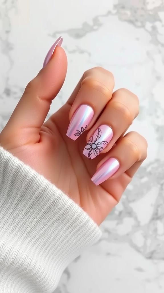 Light pink chrome almond shaped nails with a butterfly and floral design