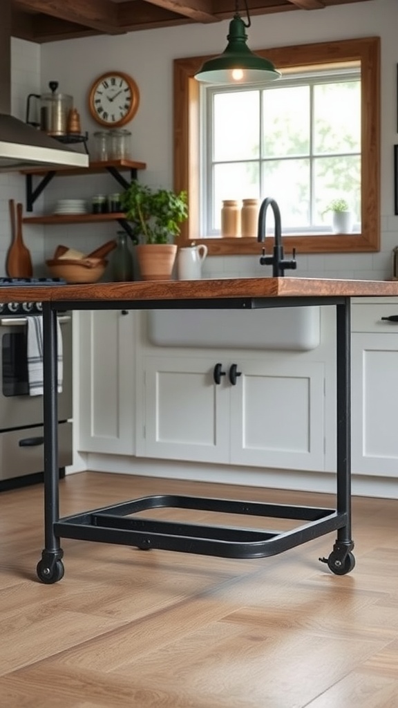 A farmhouse kitchen island made of wood and iron with wheels, set in a cozy kitchen.
