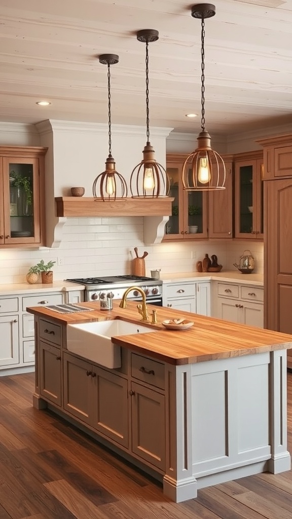 Farmhouse kitchen island with a built-in sink and wooden countertop