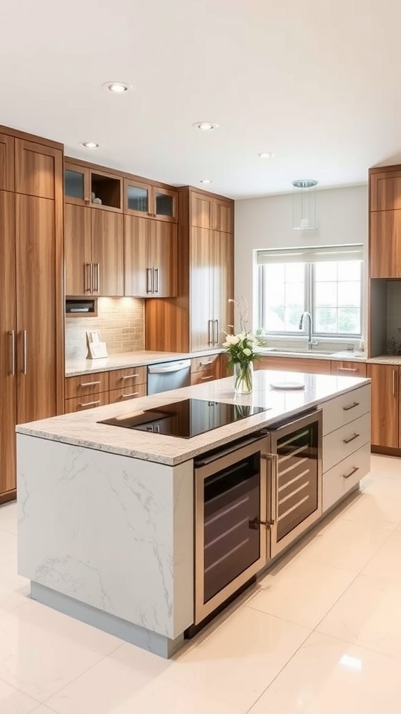A modern kitchen island featuring a marble countertop and built-in appliances, including a cooktop and wine storage, surrounded by wooden cabinetry.