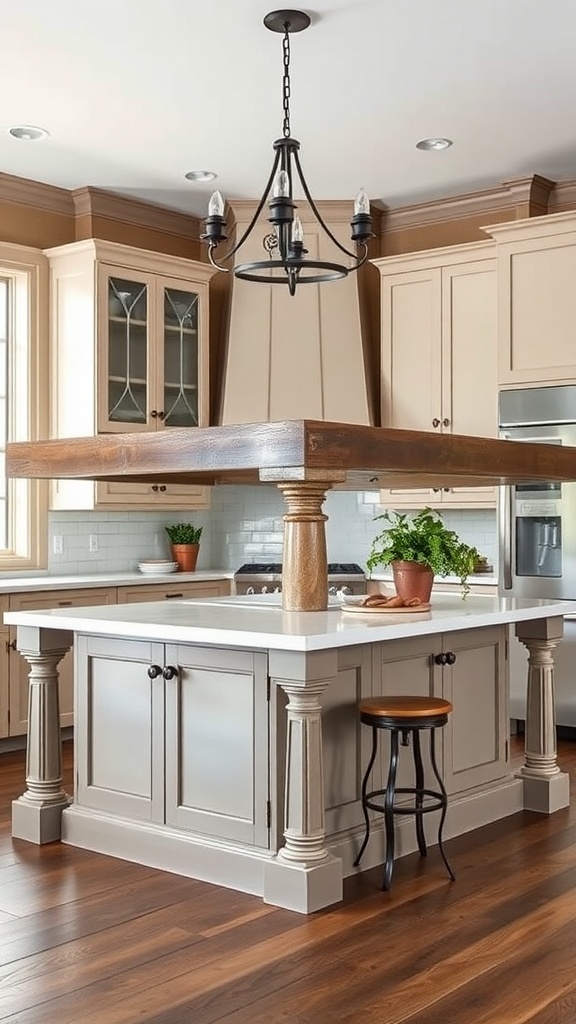 Kitchen island with wooden top and decorative columns, featuring light cabinetry and a warm atmosphere.