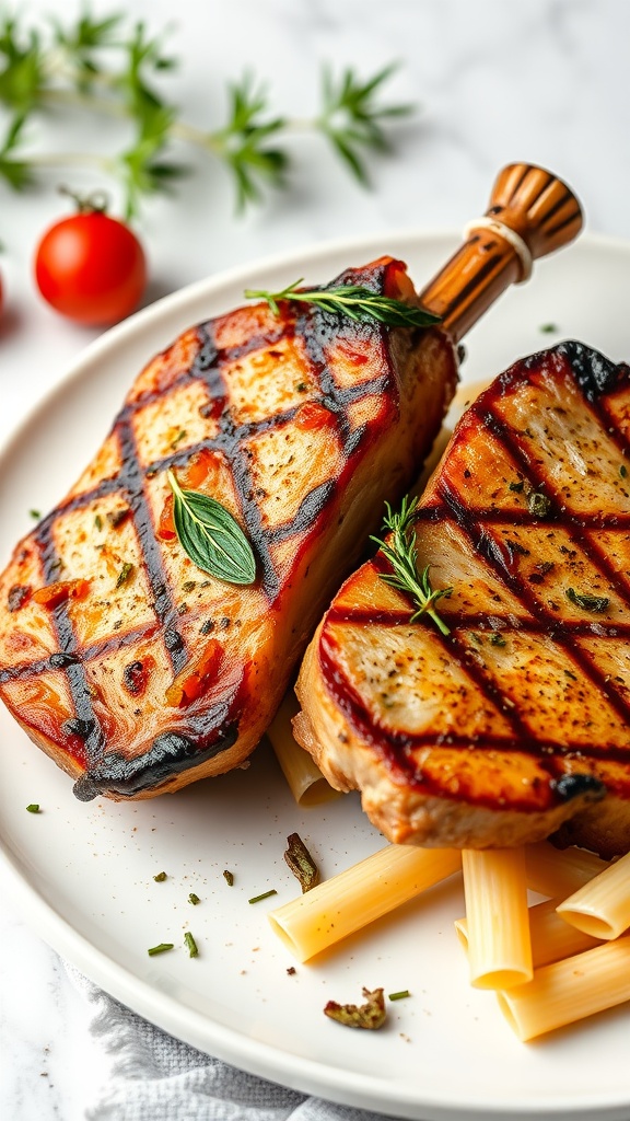 Italian Herb Marinade Pork Chops on a plate with pasta