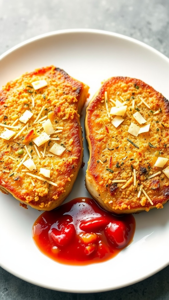 Two Italian Parmesan Crusted Pork Chops on a plate with ketchup.