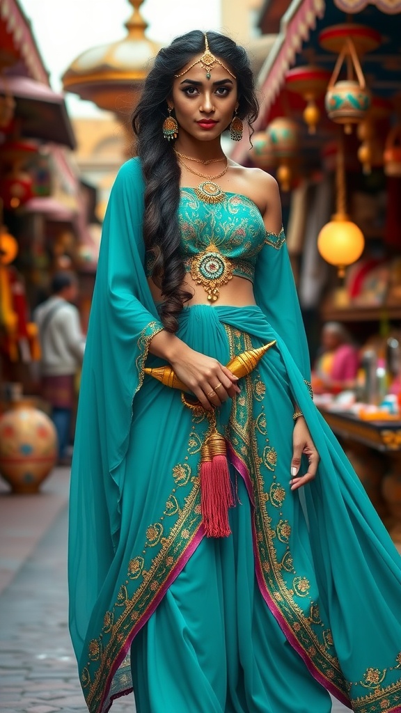 A woman wearing a turquoise outfit inspired by Jasmine from Disney, featuring intricate gold designs and elegant accessories.