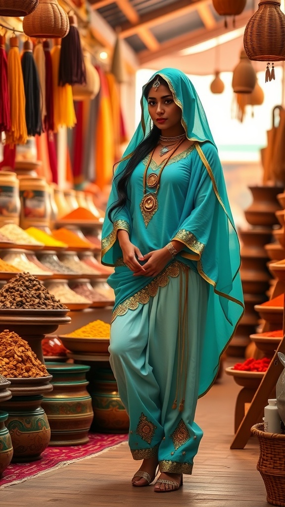 A woman in a turquoise Arabian ensemble with golden details, standing in a vibrant marketplace filled with spices and textiles.