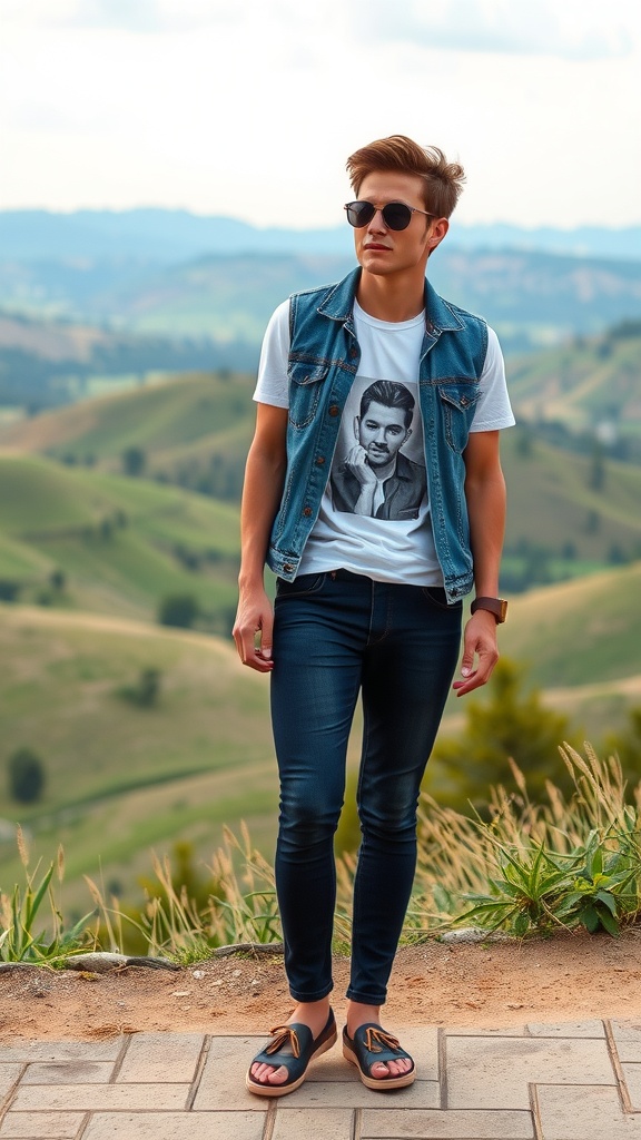 A young man wearing fitted jeans, a graphic tee, and a denim vest stands against a scenic backdrop.