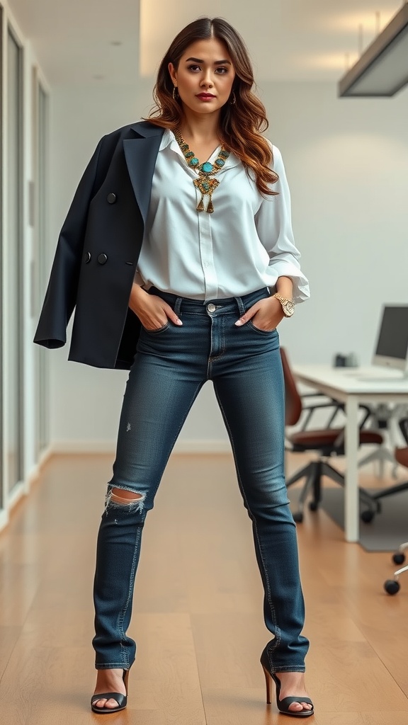 A stylish woman wearing dark jeans, a white blouse, and a statement necklace with a blazer draped over her shoulder.