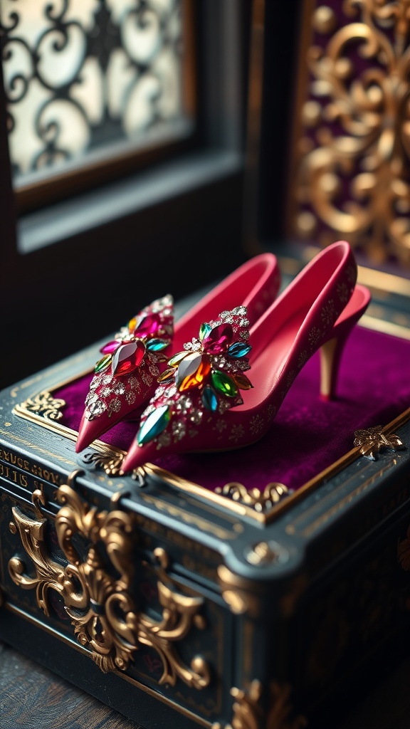 A pair of pink stiletto heels adorned with colorful jewels, placed on a decorative box.
