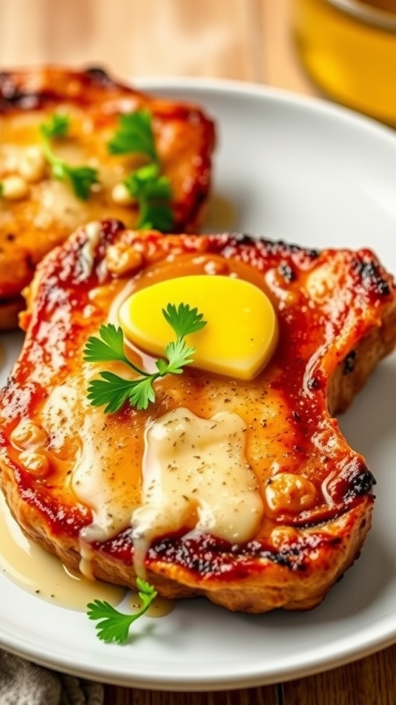 Juicy air fryer pork chops topped with garlic butter and fresh herbs