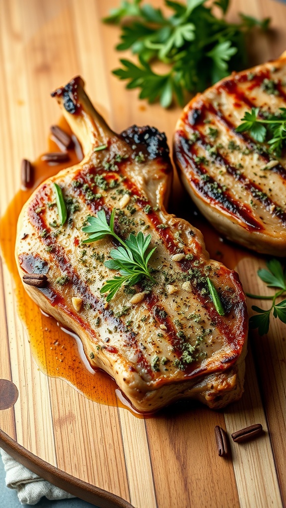 Juicy herb-crusted pork chops on a wooden cutting board with herbs.