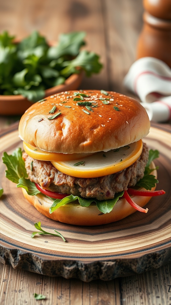 A juicy turkey burger topped with cheese and fresh vegetables on a wooden platter.