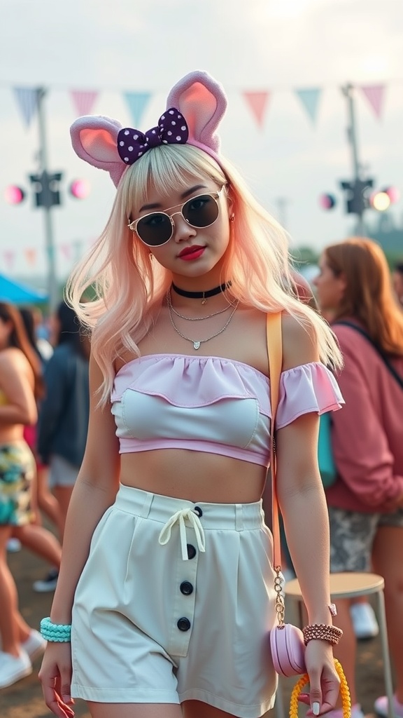 A girl with pastel hair and bunny ears at a rave, wearing a cute outfit with sunglasses and accessories.