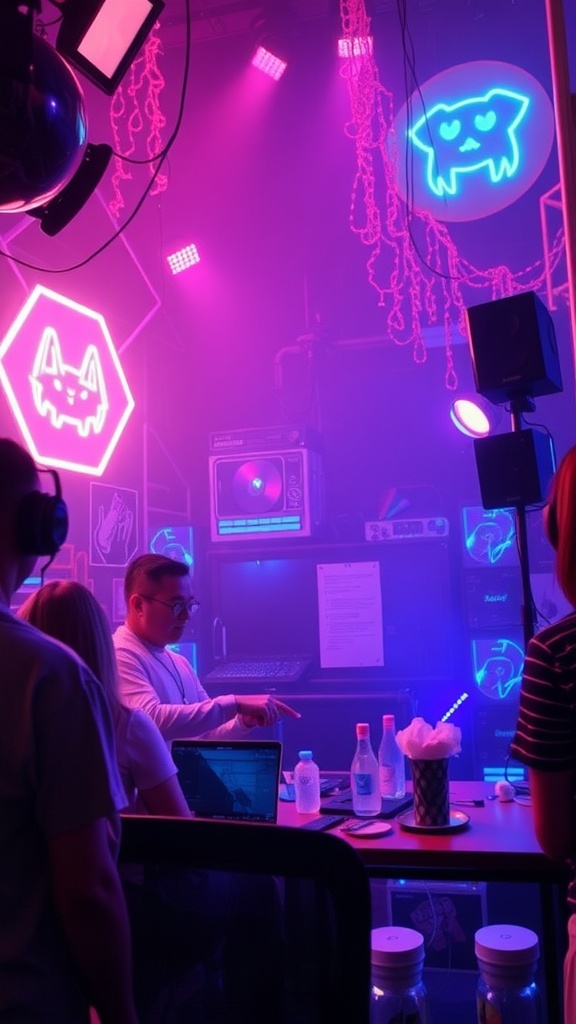 A vibrant rave scene with neon signs and colorful lighting.