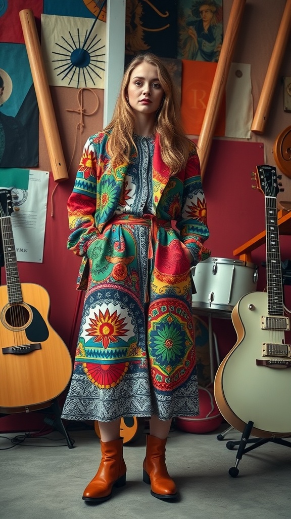 Kelsey Nielsen in a colorful artsy outfit with a vibrant jacket and orange boots, standing in a creative space with musical instruments.