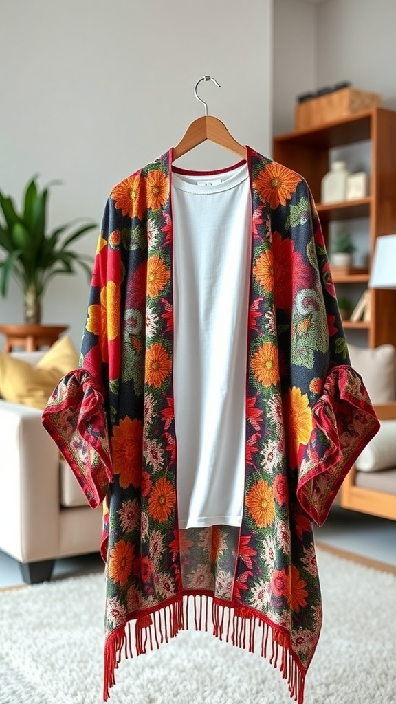 A colorful floral kimono cardigan over a basic white tee, styled in a cozy living room