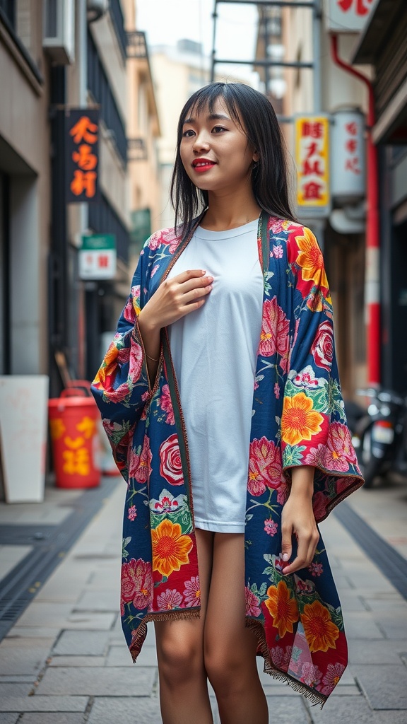 A woman in a vibrant floral kimono over a white t-shirt, standing in a city street.