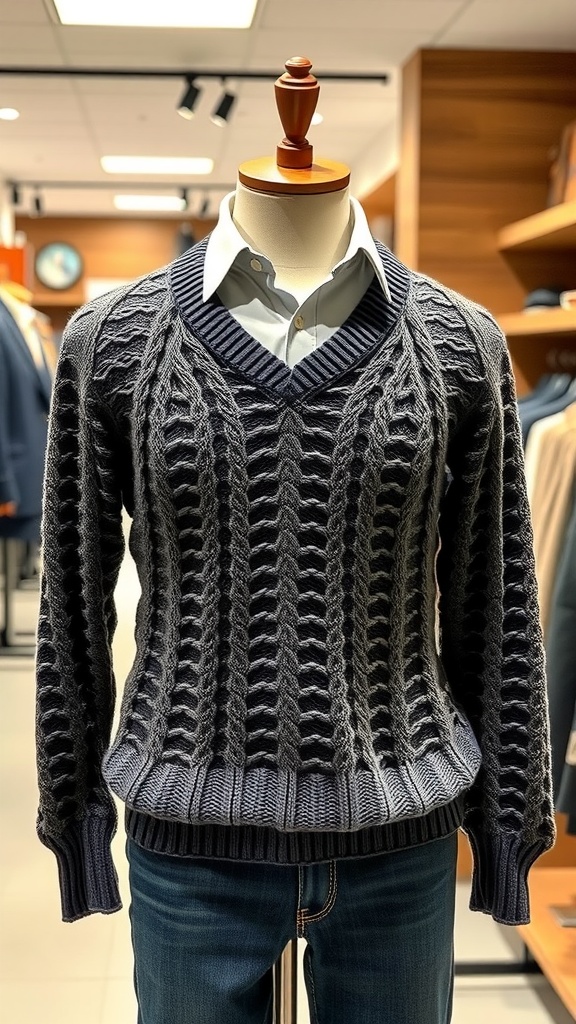 Knit sweater layered over a collared shirt displayed on a mannequin