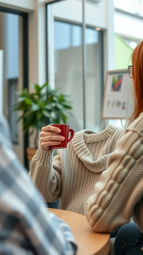 A person wearing a knit sweater holding a red mug, seated at a table in a modern setting.