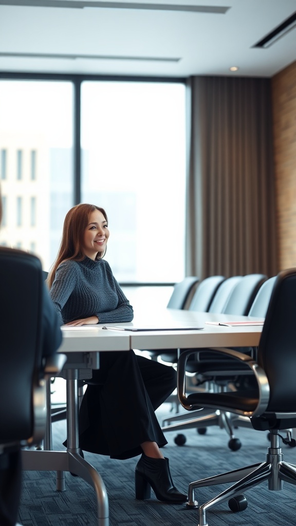 A woman sitting in a modern office wearing a cozy knit sweater and wide-leg pants, exuding a professional yet relaxed vibe.