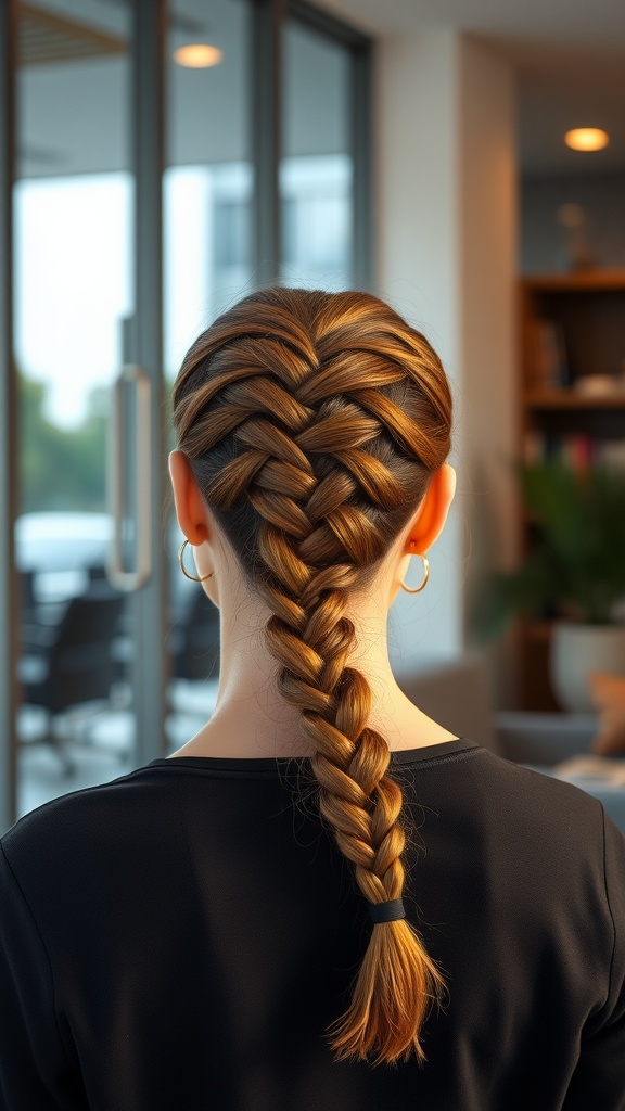 A woman with a braided ponytail hairstyle, showcasing knotless box braids.