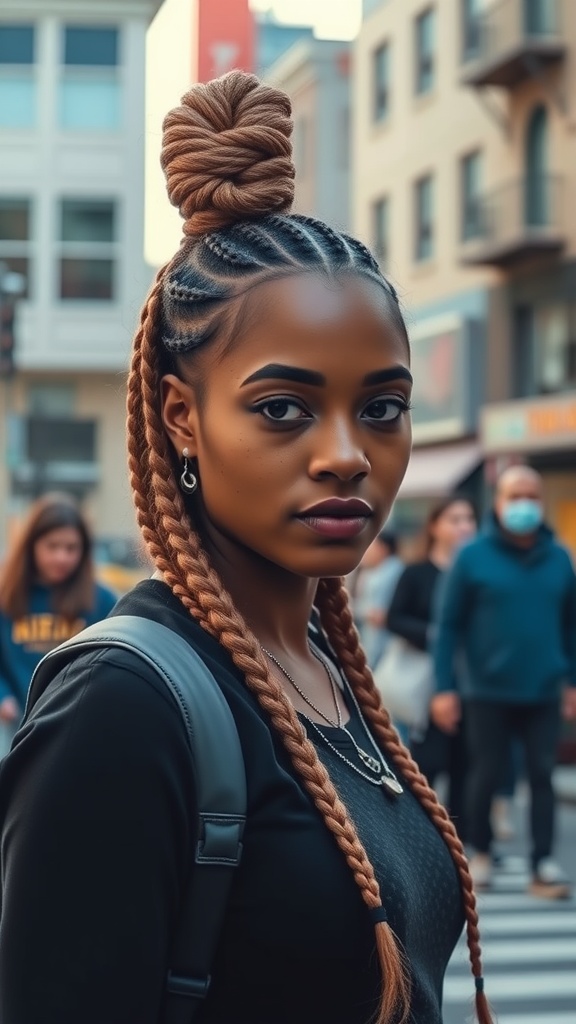 A woman with knotless braids styled in an ombre effect, featuring a top knot, walking in an urban setting.