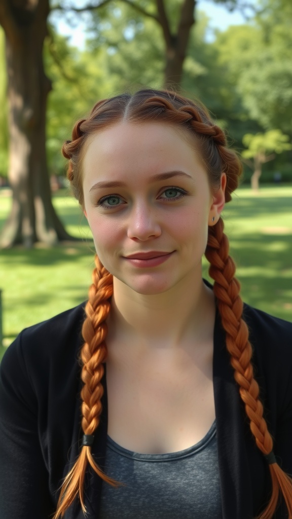 A young woman with ginger braided hairstyles, styled in knotless braids, smiling in a park setting.